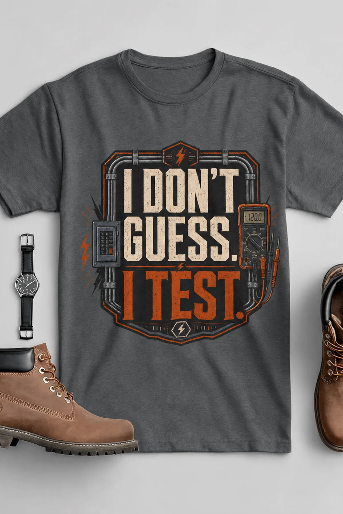 I Don't Guess I Test T-Shirt — Funny Tech Tee for Engineers and Electricians — asphalt — Flat-lay I Don't Guess I Test T-Shirt — Funny Tech Tee for Engineers and Electricians — asphalt t-shirt, flat-lay product photo | Pressure Tested Co