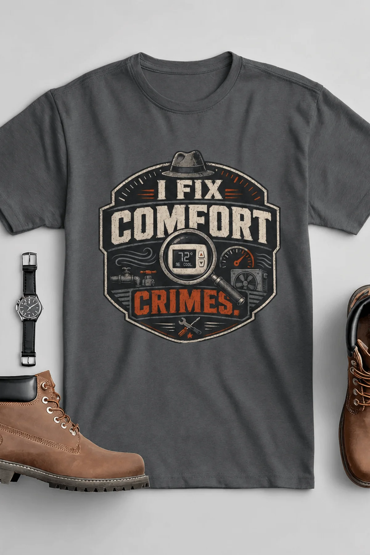 Funny HVAC Tech Tee "I Fix Comfort Crimes" — Furnace and Air Tech Work Tee — asphalt — Flat-lay Funny HVAC Tech Tee "I Fix Comfort Crimes" — Furnace and Air Tech Work Tee — asphalt t-shirt, flat-lay product photo | Pressure Tested Co