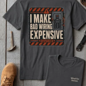 Funny Electrician Tech Tee - Back "I Make Bad Wiring Expensive" — Front "Wired For Success" Vintage Work Tee — asphalt t-shirt, flat-lay product photo | Pressure Tested Co