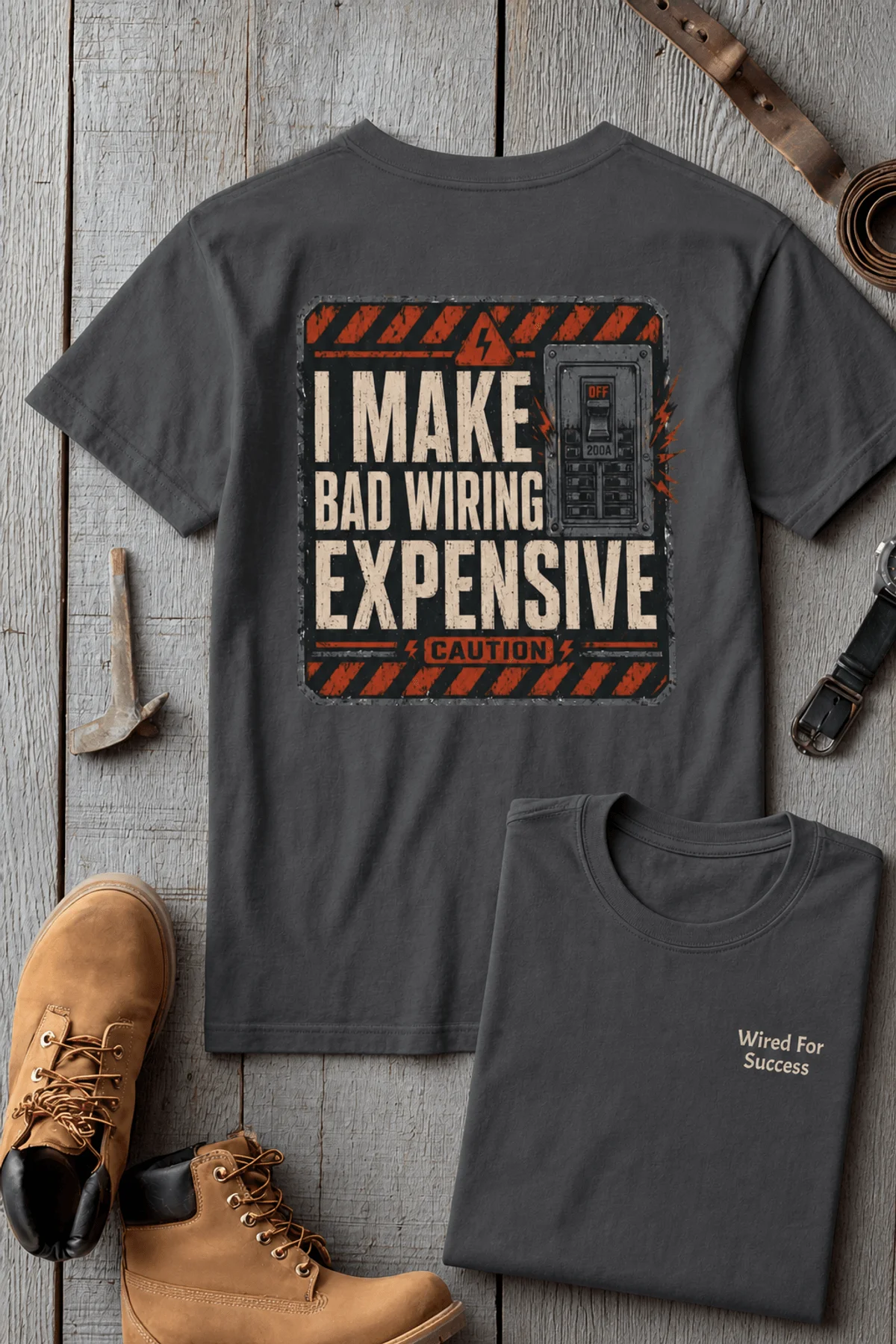 Funny Electrician Tech Tee - Back "I Make Bad Wiring Expensive" — Front "Wired For Success" Vintage Work Tee — asphalt — Flat-lay Funny Electrician Tech Tee - Back "I Make Bad Wiring Expensive" — Front "Wired For Success" Vintage Work Tee — asphalt t-shirt, flat-lay product photo | Pressure Tested Co
