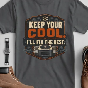 Funny HVAC Tee Shirt "Keep Your Cool. I'll Fix The Rest." T-Shirt – Vintage GraphicTee — asphalt t-shirt, flat-lay product photo | Pressure Tested Co