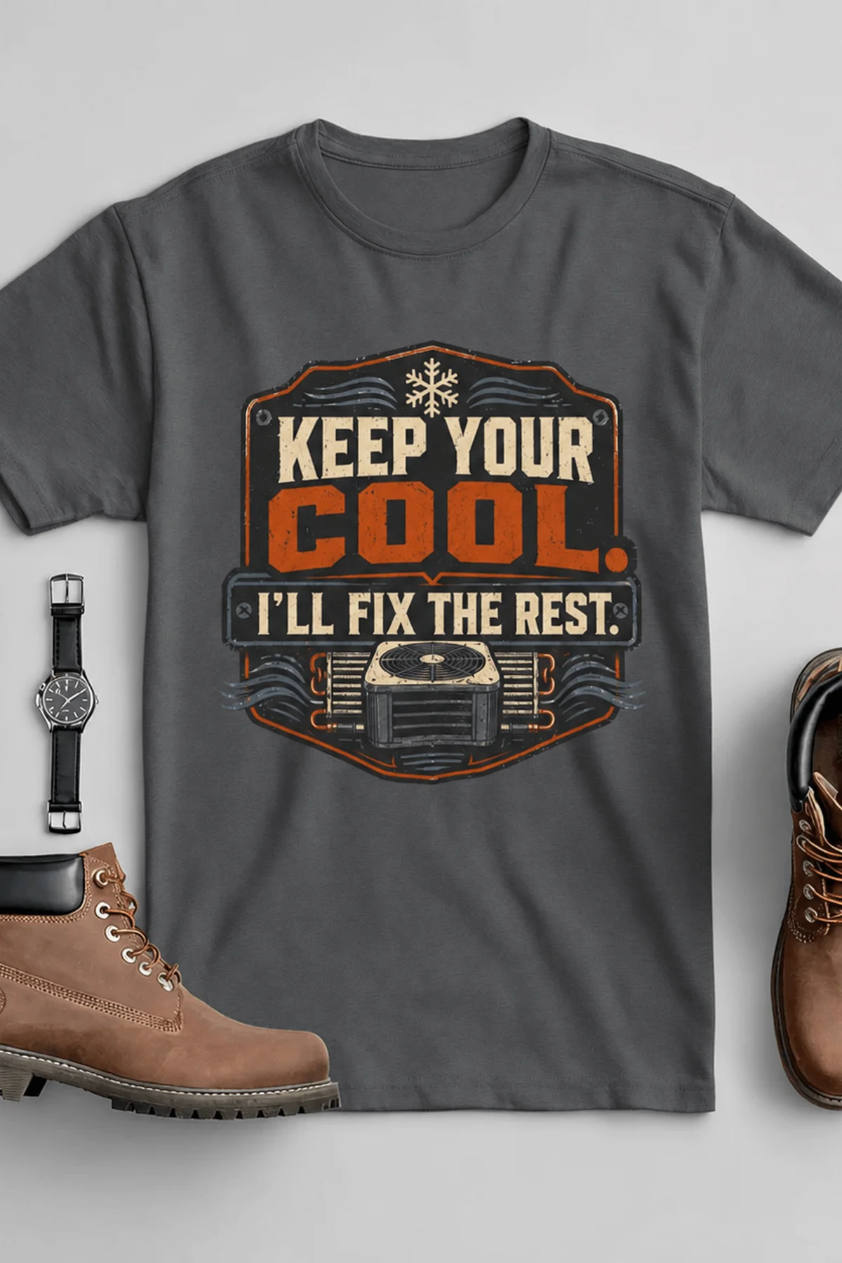 Funny HVAC Tee Shirt "Keep Your Cool. I'll Fix The Rest." T-Shirt – Vintage GraphicTee — asphalt — Flat-lay Funny HVAC Tee Shirt "Keep Your Cool. I'll Fix The Rest." T-Shirt – Vintage GraphicTee — asphalt t-shirt, flat-lay product photo | Pressure Tested Co