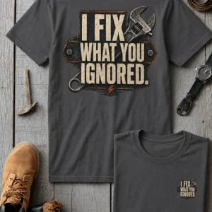I Fix What You Ignored T-Shirt — Mechanic Wrench Tool Shirt for Technicians & DIYers — asphalt t-shirt, flat-lay product photo | Pressure Tested Co