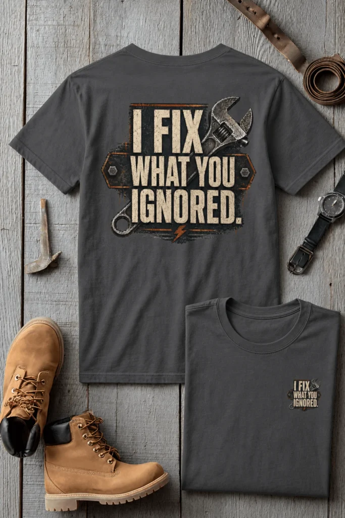 I Fix What You Ignored T-Shirt — Mechanic Wrench Tool Shirt for Technicians & DIYers — asphalt t-shirt, flat-lay product photo | Pressure Tested Co