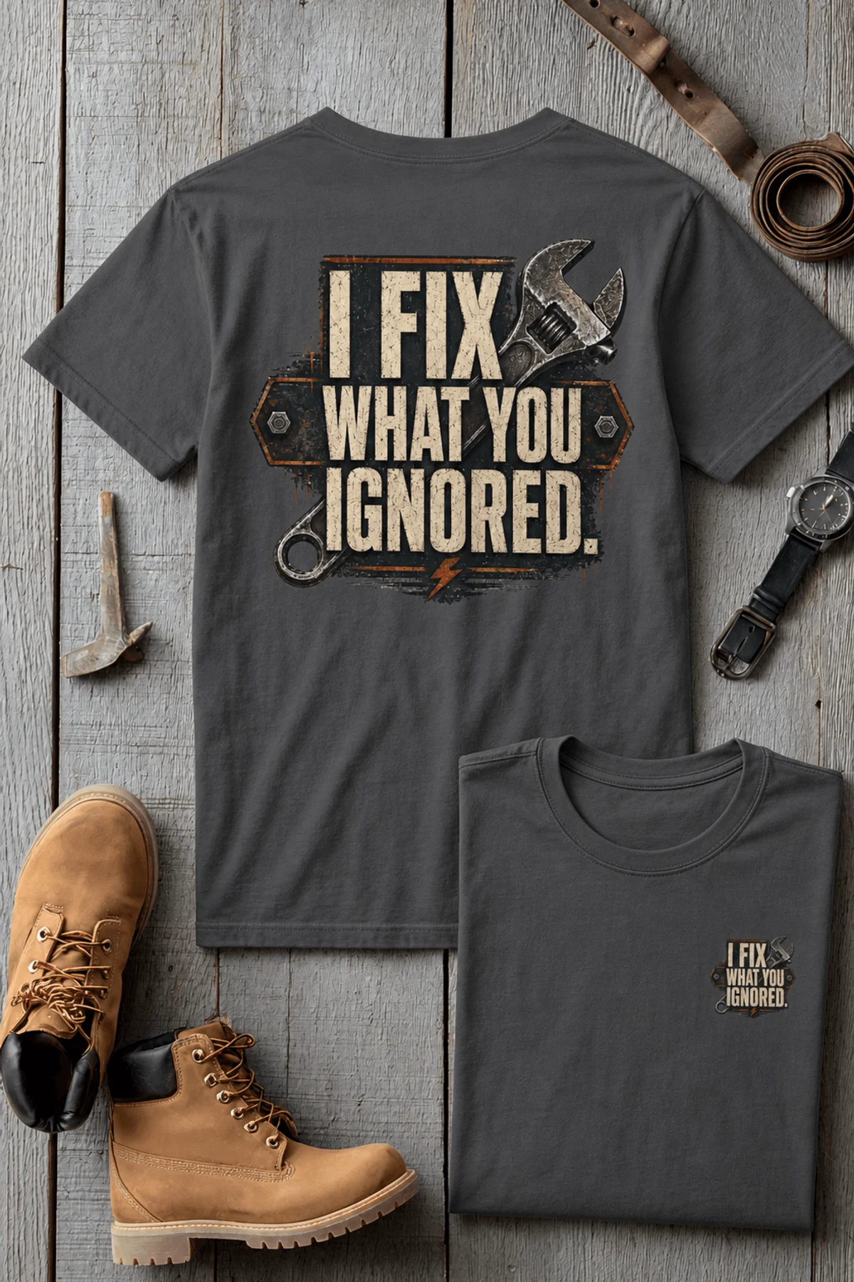 I Fix What You Ignored T-Shirt — Mechanic Wrench Tool Shirt for Technicians & DIYers — asphalt — Flat-lay I Fix What You Ignored T-Shirt — Mechanic Wrench Tool Shirt for Technicians & DIYers — asphalt t-shirt, flat-lay product photo | Pressure Tested Co