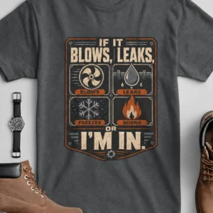 HVAC Technician T‑Shirt — "If It Blows, Leaks, Freezes or Burns I'm In" Retro Tradesmen Tee — asphalt t-shirt, flat-lay product photo | Pressure Tested Co
