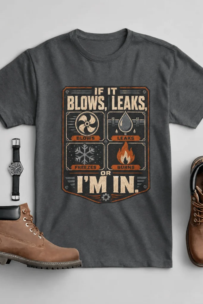 HVAC Technician T‑Shirt — "If It Blows, Leaks, Freezes or Burns I'm In" Retro Tradesmen Tee — asphalt t-shirt, flat-lay product photo | Pressure Tested Co