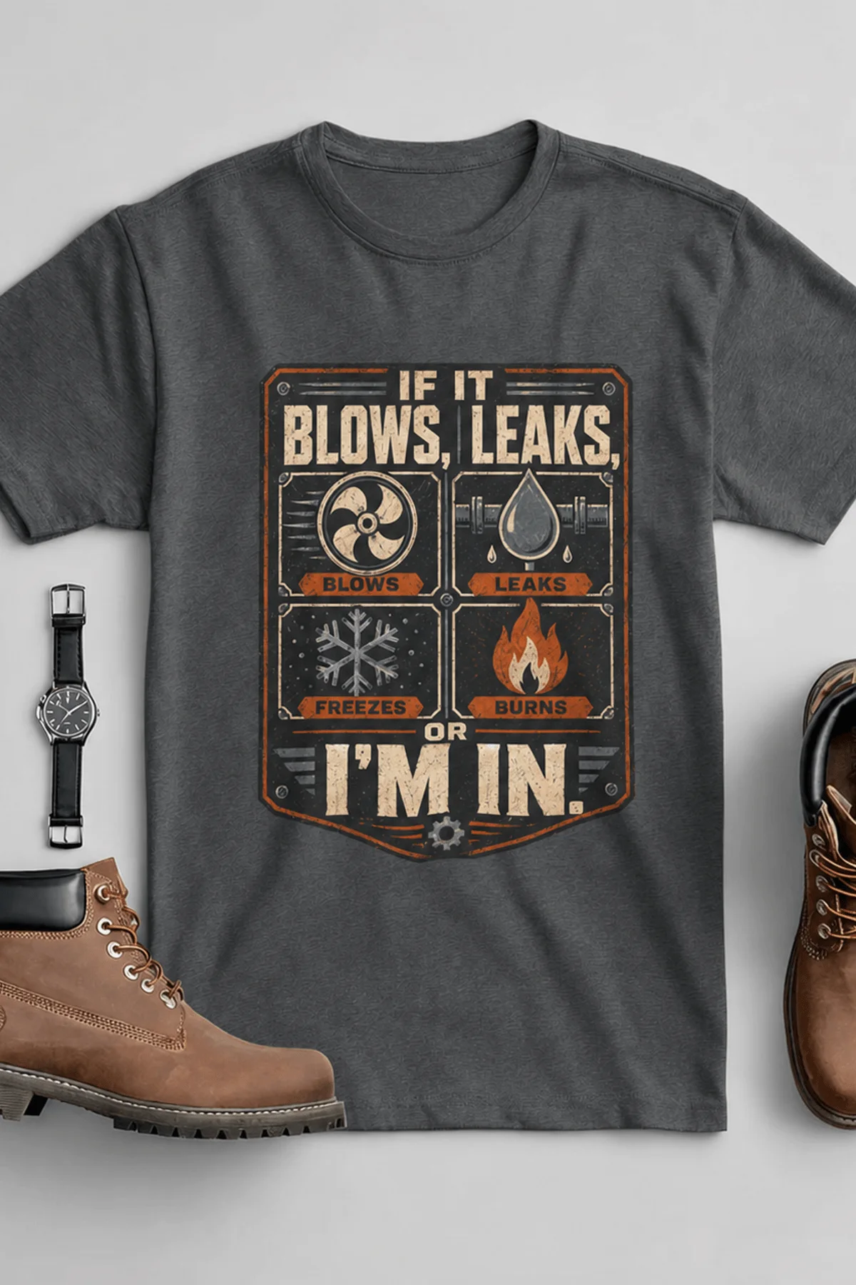 HVAC Technician T‑Shirt — "If It Blows, Leaks, Freezes or Burns I'm In" Retro Tradesmen Tee — asphalt — Flat-lay HVAC Technician T‑Shirt — "If It Blows, Leaks, Freezes or Burns I'm In" Retro Tradesmen Tee — asphalt t-shirt, flat-lay product photo | Pressure Tested Co