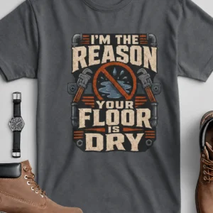Plumber T‑Shirt – "I'm the Reason Your Floor Is Dry" Vintage Plumbing Tee — asphalt t-shirt, flat-lay product photo | Pressure Tested Co