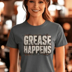 Grease Happens T-Shirt — Funny Mechanic Garage Tee — asphalt t-shirt, model photo | Pressure Tested Co