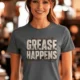Grease Happens T-Shirt — Funny Mechanic Garage Tee — asphalt — Model Grease Happens T-Shirt — Funny Mechanic Garage Tee — asphalt t-shirt, model photo | Pressure Tested Co