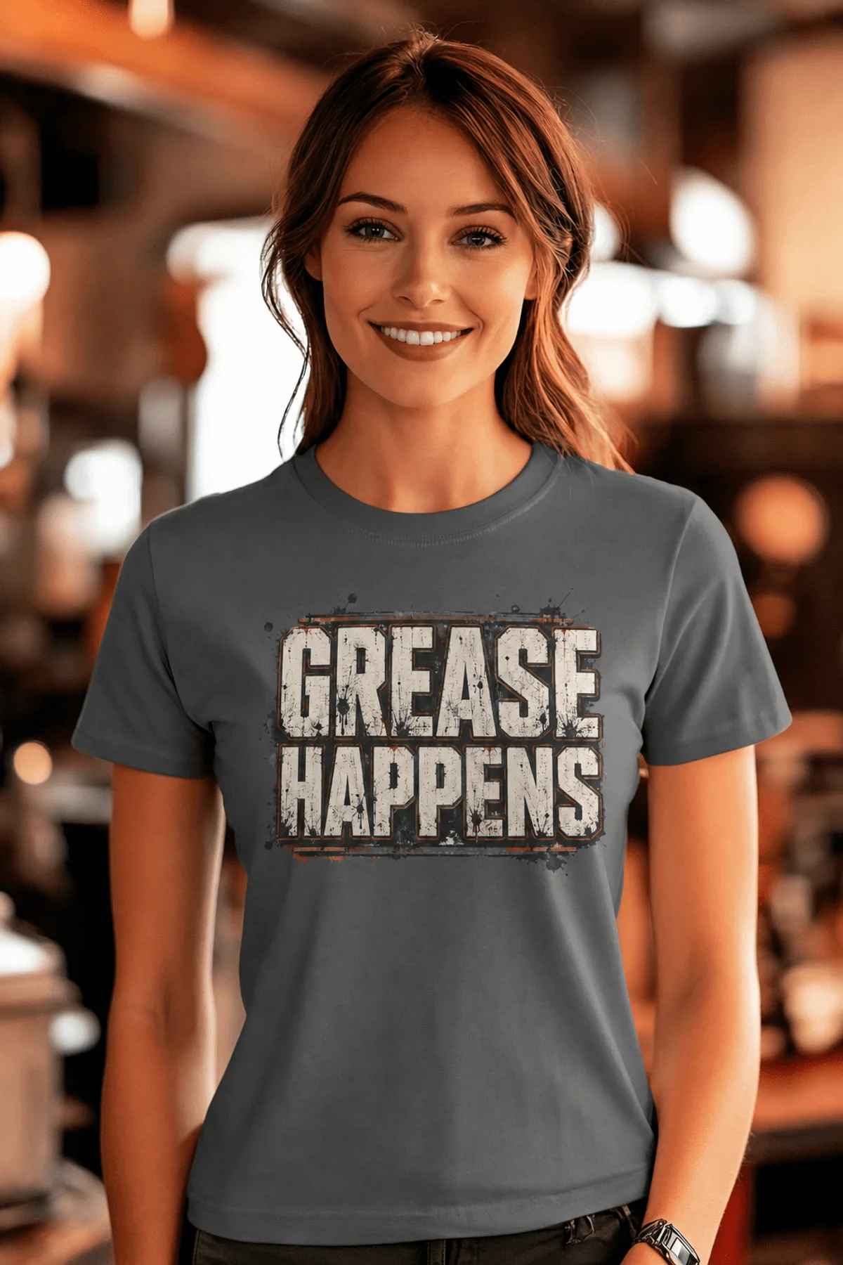 Grease Happens T-Shirt — Funny Mechanic Garage Tee — asphalt — Model Grease Happens T-Shirt — Funny Mechanic Garage Tee — asphalt t-shirt, model photo | Pressure Tested Co