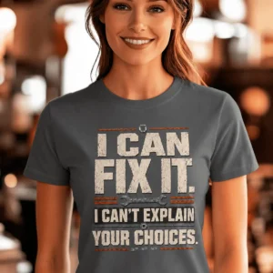 Sarcastic Mechanic T‑Shirt – "I Can Fix It. I Can't Explain Your Choices" Vintage Mechanic Shirt - DIY Repair Tee — asphalt t-shirt, model photo | Pressure Tested Co