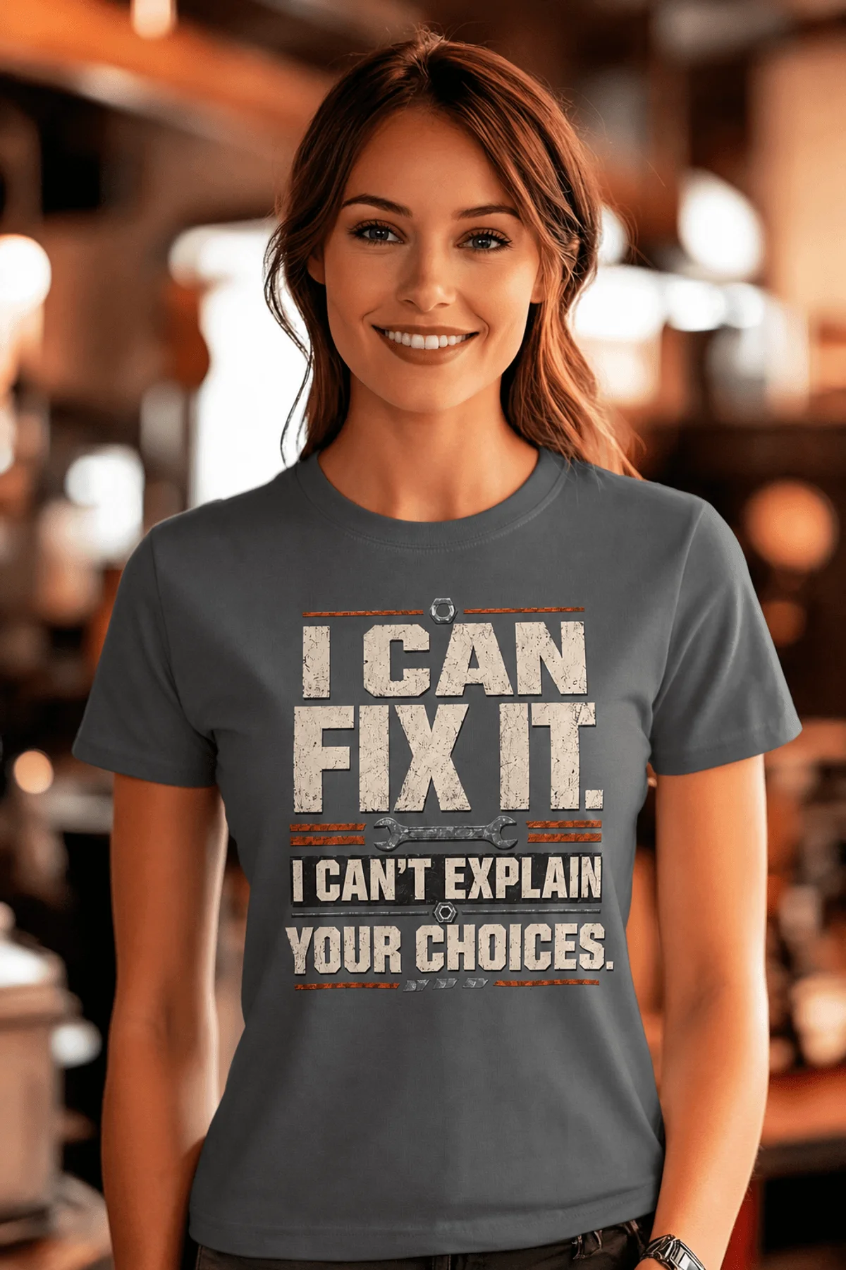 Sarcastic Mechanic T‑Shirt – "I Can Fix It. I Can't Explain Your Choices" Vintage Mechanic Shirt - DIY Repair Tee — asphalt t-shirt, model photo | Pressure Tested Co