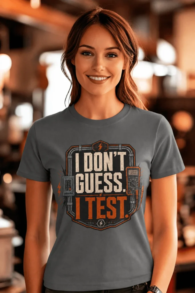 I Don't Guess I Test T-Shirt — Funny Tech Tee for Engineers and Electricians — asphalt t-shirt, model photo | Pressure Tested Co