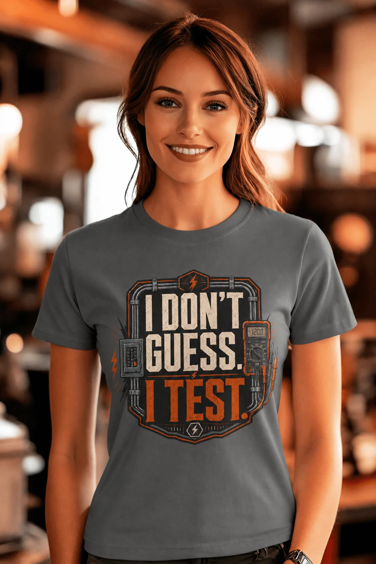 I Don't Guess I Test T-Shirt — Funny Tech Tee for Engineers and Electricians — asphalt — Model I Don't Guess I Test T-Shirt — Funny Tech Tee for Engineers and Electricians — asphalt t-shirt, model photo | Pressure Tested Co