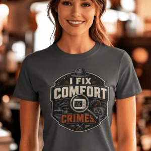 Funny HVAC Tech Tee "I Fix Comfort Crimes" — Furnace and Air Tech Work Tee — asphalt t-shirt, model photo | Pressure Tested Co