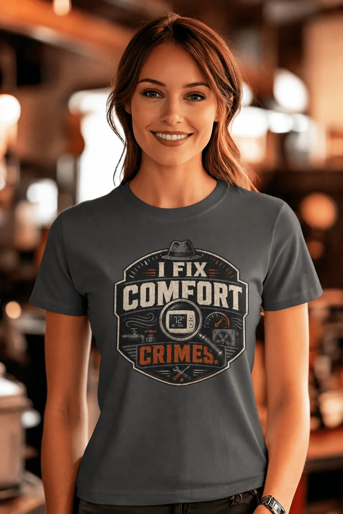 Funny HVAC Tech Tee "I Fix Comfort Crimes" — Furnace and Air Tech Work Tee — asphalt — Model Funny HVAC Tech Tee "I Fix Comfort Crimes" — Furnace and Air Tech Work Tee — asphalt t-shirt, model photo | Pressure Tested Co