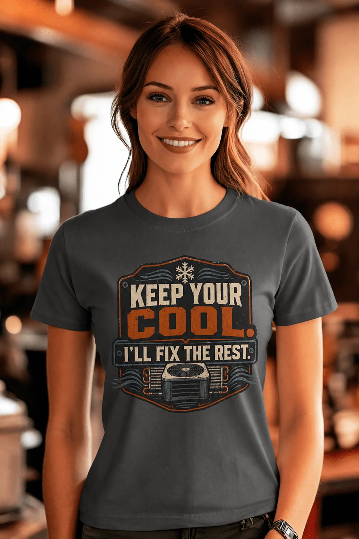 Funny HVAC Tee Shirt "Keep Your Cool. I'll Fix The Rest." T-Shirt – Vintage GraphicTee — asphalt — Model Funny HVAC Tee Shirt "Keep Your Cool. I'll Fix The Rest." T-Shirt – Vintage GraphicTee — asphalt t-shirt, model photo | Pressure Tested Co