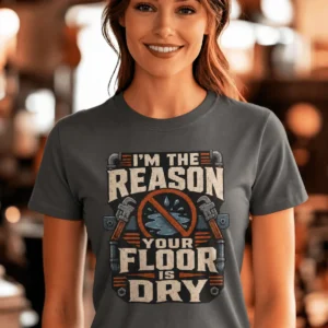 Plumber T‑Shirt – "I'm the Reason Your Floor Is Dry" Vintage Plumbing Tee — asphalt t-shirt, model photo | Pressure Tested Co