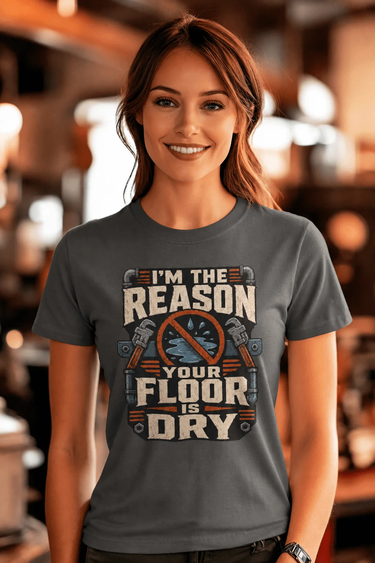 Plumber T‑Shirt – "I'm the Reason Your Floor Is Dry" Vintage Plumbing Tee — asphalt — Model Plumber T‑Shirt – "I'm the Reason Your Floor Is Dry" Vintage Plumbing Tee — asphalt t-shirt, model photo | Pressure Tested Co