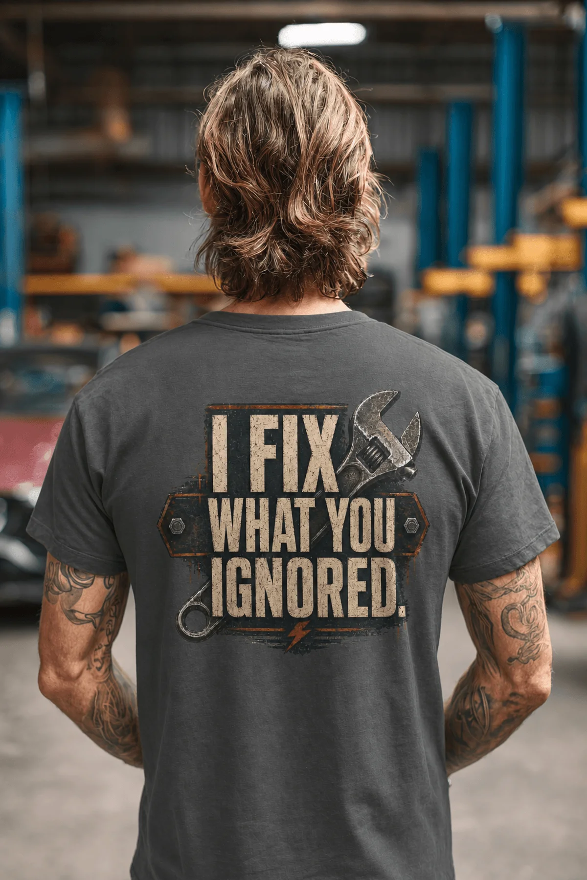 I Fix What You Ignored T-Shirt — Mechanic Wrench Tool Shirt for Technicians & DIYers — asphalt — Model I Fix What You Ignored T-Shirt — Mechanic Wrench Tool Shirt for Technicians & DIYers — asphalt t-shirt, model photo | Pressure Tested Co