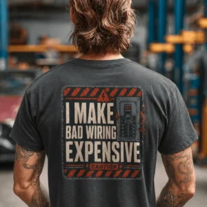 Funny Electrician Tech Tee - Back "I Make Bad Wiring Expensive" — Front "Wired For Success" Vintage Work Tee — asphalt t-shirt, model photo | Pressure Tested Co