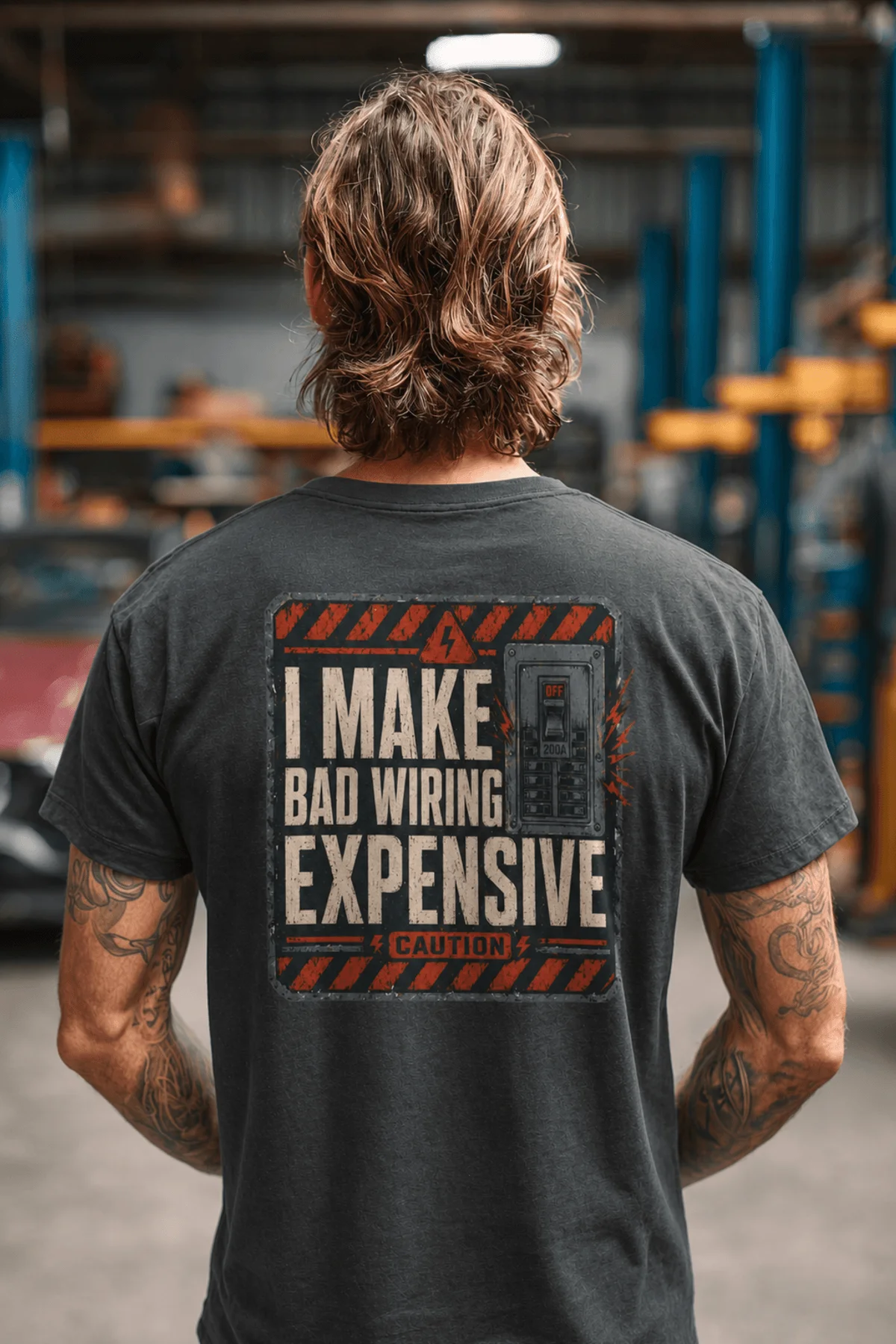 Funny Electrician Tech Tee - Back "I Make Bad Wiring Expensive" — Front "Wired For Success" Vintage Work Tee — asphalt — Model Funny Electrician Tech Tee - Back "I Make Bad Wiring Expensive" — Front "Wired For Success" Vintage Work Tee — asphalt t-shirt, model photo | Pressure Tested Co