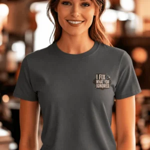 I Fix What You Ignored T-Shirt — Mechanic Wrench Tool Shirt for Technicians & DIYers — asphalt t-shirt, model photo | Pressure Tested Co