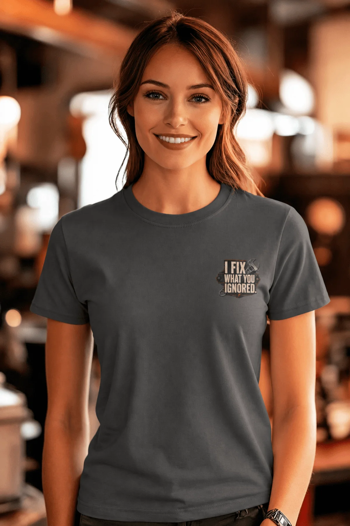 I Fix What You Ignored T-Shirt — Mechanic Wrench Tool Shirt for Technicians & DIYers — asphalt — Model I Fix What You Ignored T-Shirt — Mechanic Wrench Tool Shirt for Technicians & DIYers — asphalt t-shirt, model photo | Pressure Tested Co