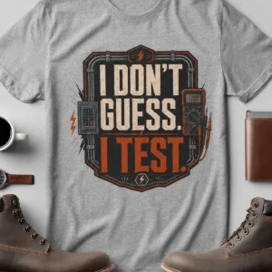 I Don't Guess I Test T-Shirt — Funny Tech Tee for Engineers and Electricians — athletic-heather t-shirt, flat-lay product photo | Pressure Tested Co