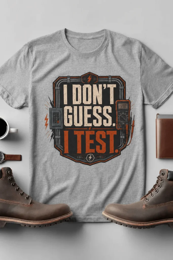 I Don't Guess I Test T-Shirt — Funny Tech Tee for Engineers and Electricians — athletic-heather t-shirt, flat-lay product photo | Pressure Tested Co