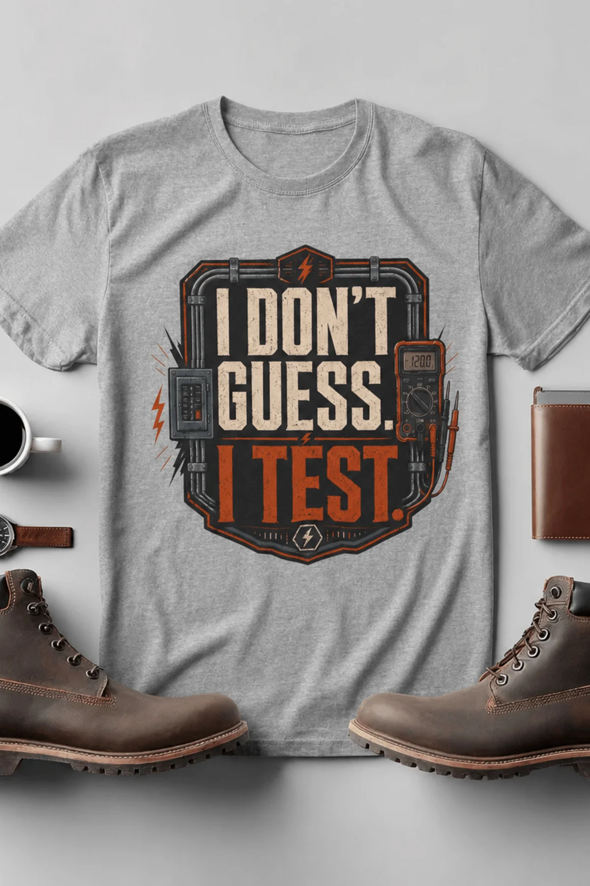 I Don't Guess I Test T-Shirt — Funny Tech Tee for Engineers and Electricians — athletic-heather — Flat-lay I Don't Guess I Test T-Shirt — Funny Tech Tee for Engineers and Electricians — athletic-heather t-shirt, flat-lay product photo | Pressure Tested Co
