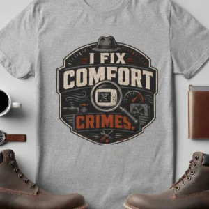 Funny HVAC Tech Tee "I Fix Comfort Crimes" — Furnace and Air Tech Work Tee — athletic-heather t-shirt, flat-lay product photo | Pressure Tested Co
