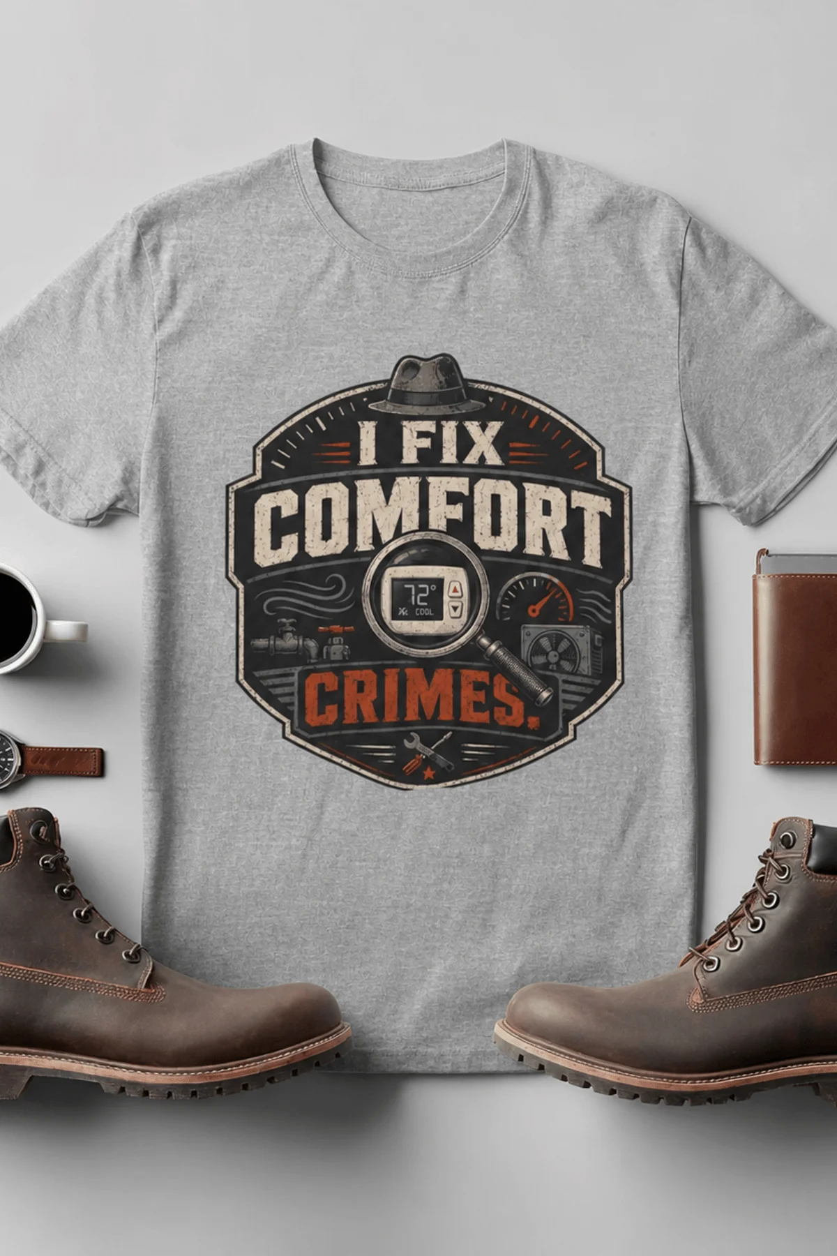 Funny HVAC Tech Tee "I Fix Comfort Crimes" — Furnace and Air Tech Work Tee — athletic-heather — Flat-lay Funny HVAC Tech Tee "I Fix Comfort Crimes" — Furnace and Air Tech Work Tee — athletic-heather t-shirt, flat-lay product photo | Pressure Tested Co