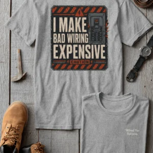 Funny Electrician Tech Tee - Back "I Make Bad Wiring Expensive" — Front "Wired For Success" Vintage Work Tee — athletic-heather t-shirt, flat-lay product photo | Pressure Tested Co