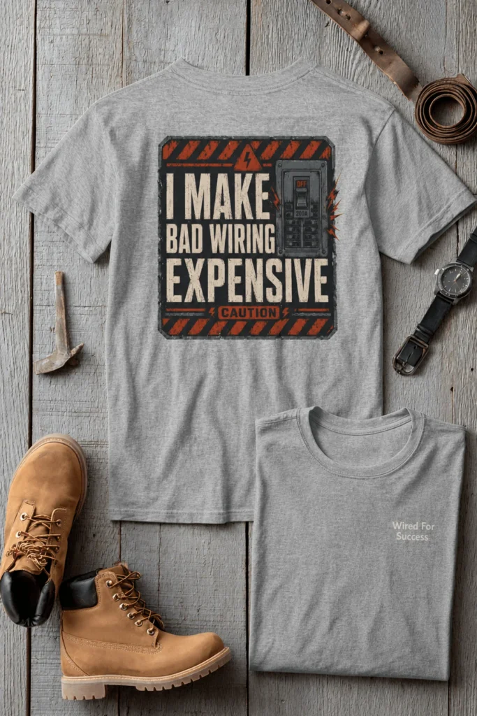 Funny Electrician Tech Tee - Back "I Make Bad Wiring Expensive" — Front "Wired For Success" Vintage Work Tee — athletic-heather t-shirt, flat-lay product photo | Pressure Tested Co
