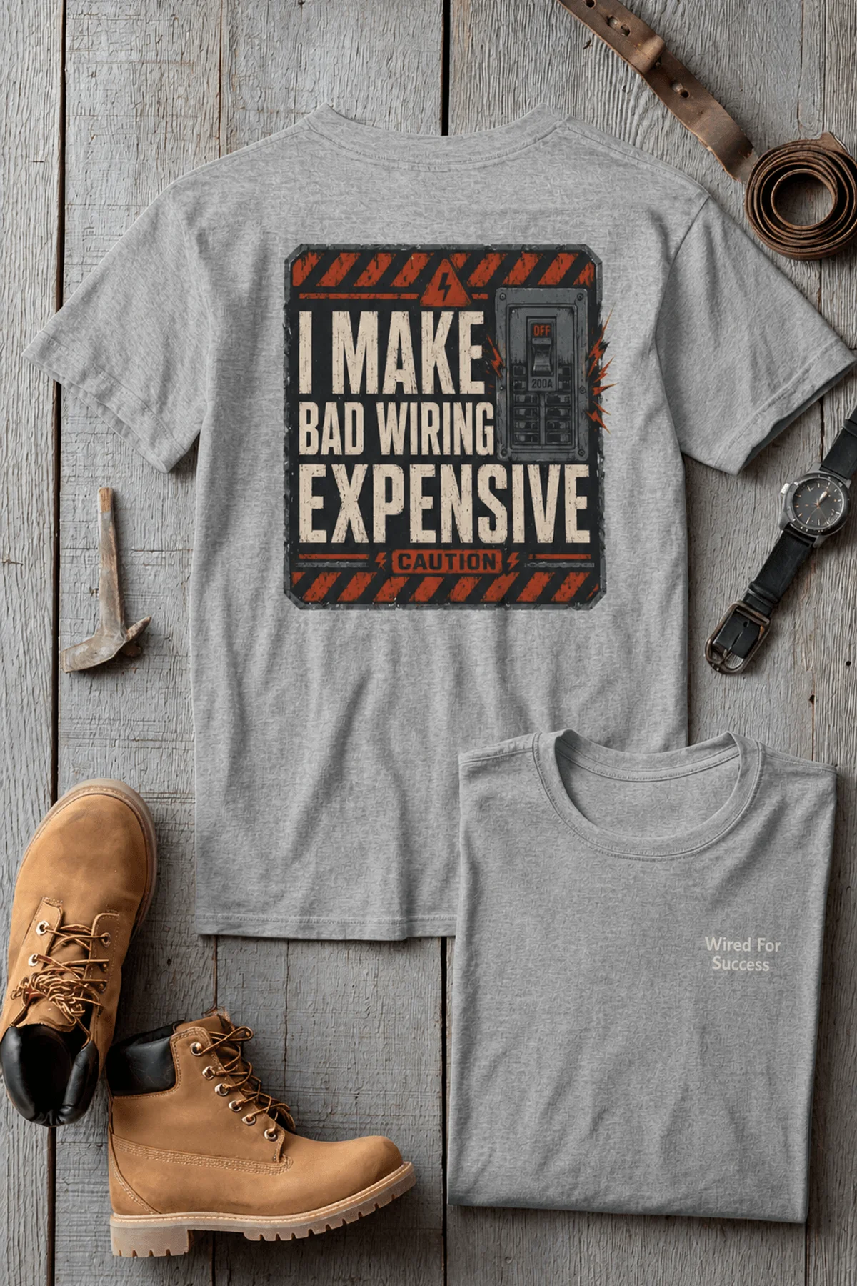 Funny Electrician Tech Tee - Back "I Make Bad Wiring Expensive" — Front "Wired For Success" Vintage Work Tee — athletic-heather — Flat-lay Funny Electrician Tech Tee - Back "I Make Bad Wiring Expensive" — Front "Wired For Success" Vintage Work Tee — athletic-heather t-shirt, flat-lay product photo | Pressure Tested Co