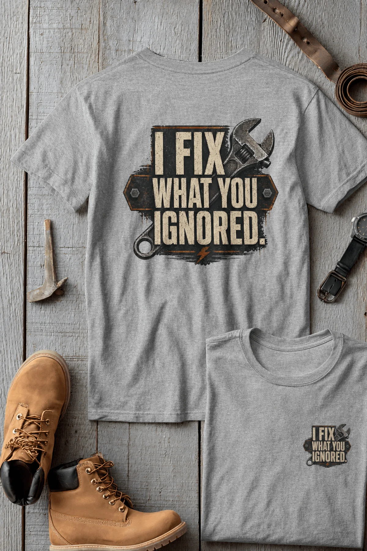 I Fix What You Ignored T-Shirt — Mechanic Wrench Tool Shirt for Technicians & DIYers — athletic-heather — Flat-lay I Fix What You Ignored T-Shirt — Mechanic Wrench Tool Shirt for Technicians & DIYers — athletic-heather t-shirt, flat-lay product photo | Pressure Tested Co
