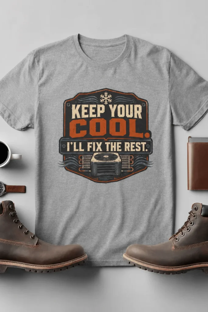 Funny HVAC Tee Shirt "Keep Your Cool. I'll Fix The Rest." T-Shirt – Vintage GraphicTee — athletic-heather t-shirt, flat-lay product photo | Pressure Tested Co