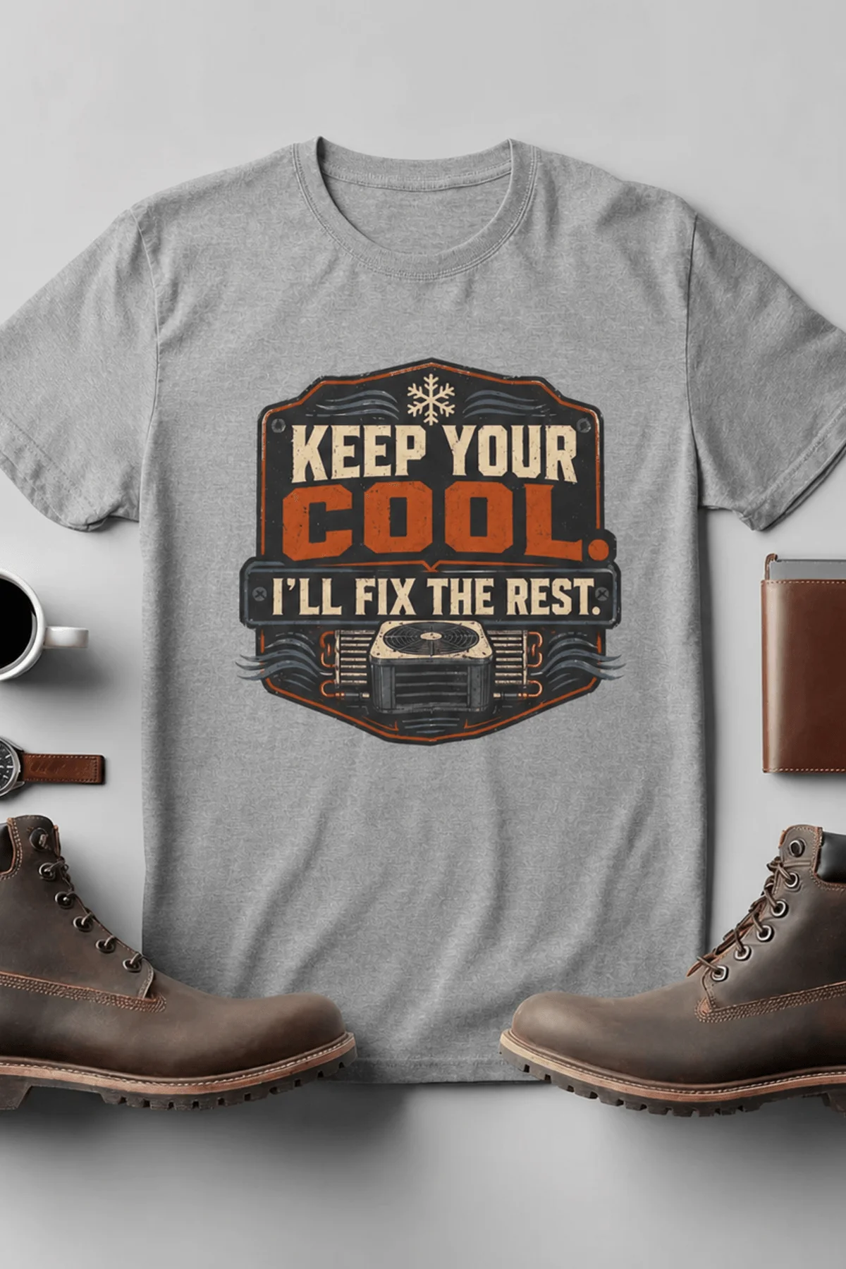 Funny HVAC Tee Shirt "Keep Your Cool. I'll Fix The Rest." T-Shirt – Vintage GraphicTee — athletic-heather — Flat-lay Funny HVAC Tee Shirt "Keep Your Cool. I'll Fix The Rest." T-Shirt – Vintage GraphicTee — athletic-heather t-shirt, flat-lay product photo | Pressure Tested Co