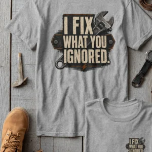 I Fix What You Ignored T-Shirt — Mechanic Wrench Tool Shirt for Technicians & DIYers — athletic-heather t-shirt, flat-lay product photo | Pressure Tested Co