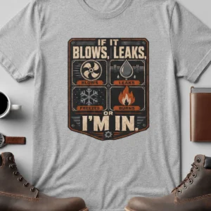 HVAC Technician T‑Shirt — "If It Blows, Leaks, Freezes or Burns I'm In" Retro Tradesmen Tee — athletic-heather t-shirt, flat-lay product photo | Pressure Tested Co