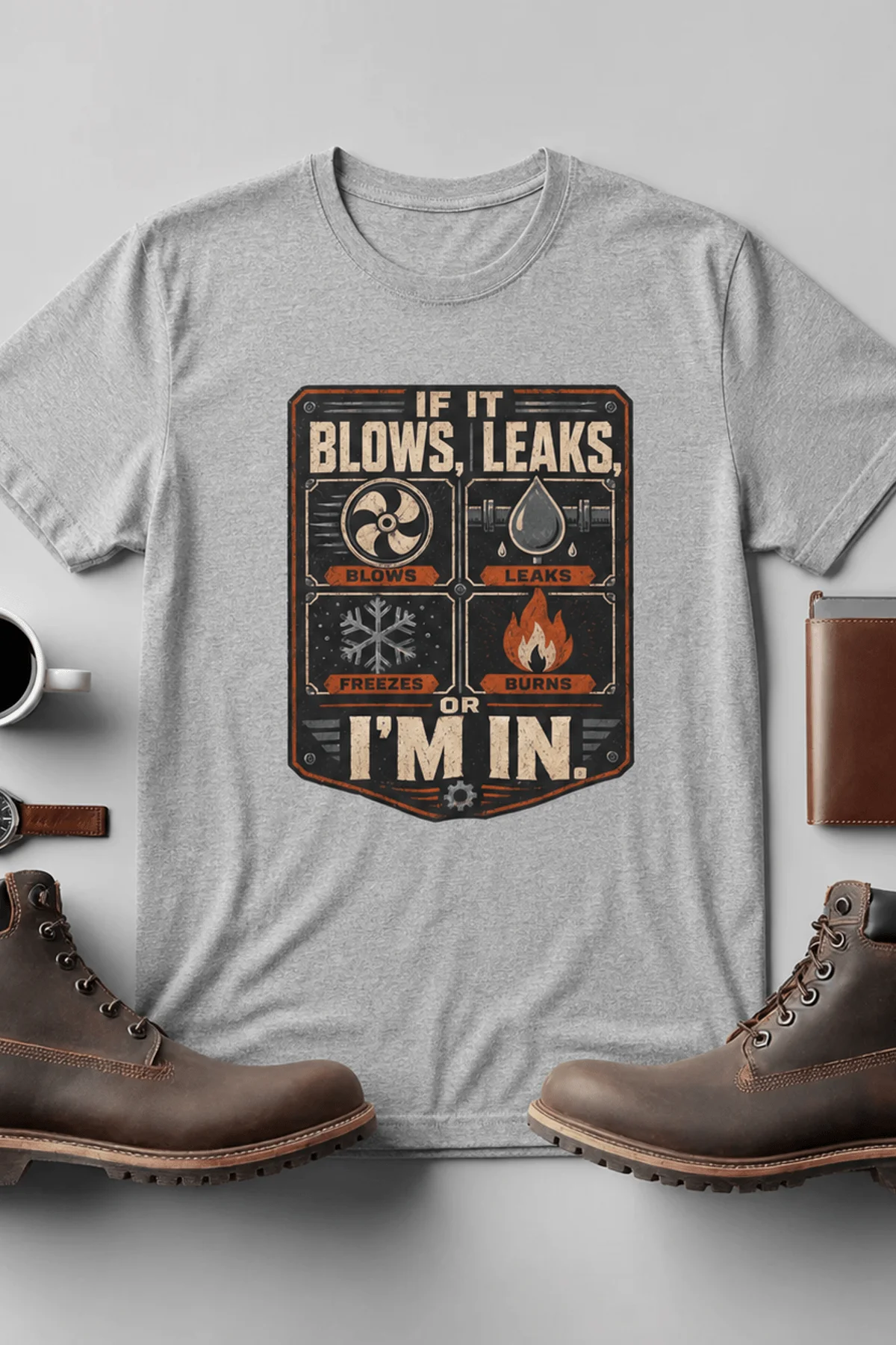 HVAC Technician T‑Shirt — "If It Blows, Leaks, Freezes or Burns I'm In" Retro Tradesmen Tee — athletic-heather — Flat-lay HVAC Technician T‑Shirt — "If It Blows, Leaks, Freezes or Burns I'm In" Retro Tradesmen Tee — athletic-heather t-shirt, flat-lay product photo | Pressure Tested Co