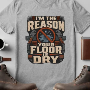 Plumber T‑Shirt – "I'm the Reason Your Floor Is Dry" Vintage Plumbing Tee — athletic-heather t-shirt, flat-lay product photo | Pressure Tested Co