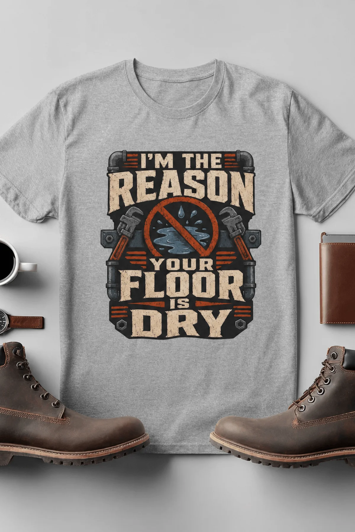 Plumber T‑Shirt – "I'm the Reason Your Floor Is Dry" Vintage Plumbing Tee — athletic-heather — Flat-lay Plumber T‑Shirt – "I'm the Reason Your Floor Is Dry" Vintage Plumbing Tee — athletic-heather t-shirt, flat-lay product photo | Pressure Tested Co