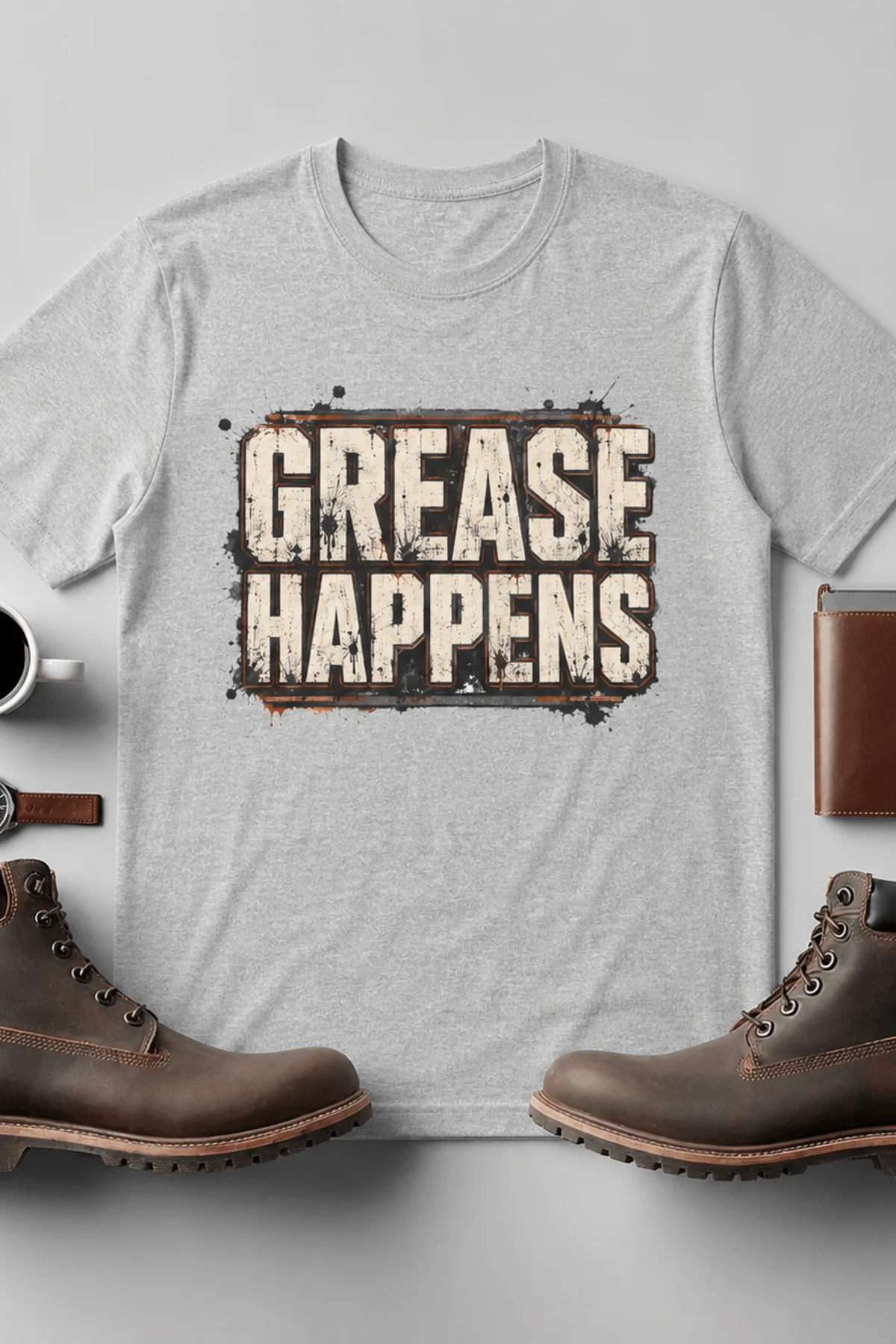 Grease Happens T-Shirt — Funny Mechanic Garage Tee — athletic-heather — Flat-lay Grease Happens T-Shirt — Funny Mechanic Garage Tee — athletic-heather t-shirt, flat-lay product photo | Pressure Tested Co