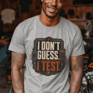 I Don't Guess I Test T-Shirt — Funny Tech Tee for Engineers and Electricians — athletic-heather t-shirt, model photo | Pressure Tested Co