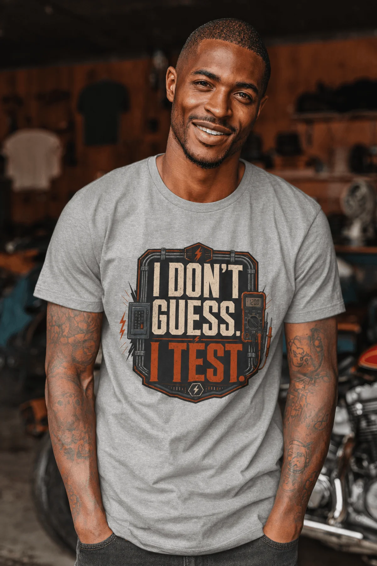 I Don't Guess I Test T-Shirt — Funny Tech Tee for Engineers and Electricians — athletic-heather — Model I Don't Guess I Test T-Shirt — Funny Tech Tee for Engineers and Electricians — athletic-heather t-shirt, model photo | Pressure Tested Co