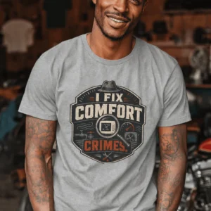 Funny HVAC Tech Tee "I Fix Comfort Crimes" — Furnace and Air Tech Work Tee — athletic-heather t-shirt, model photo | Pressure Tested Co